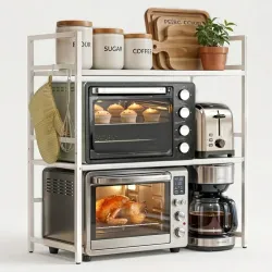 ABOUT SPACE Metal Microwave Stand - 2-Tier Kitchen Organizer Rack with 6 Hooks