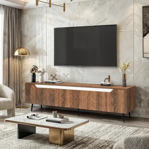 Image of ABOUT SPACE TV Unit - Engineered Wooden TV Stand Table Cabinet with Drop Down Doors