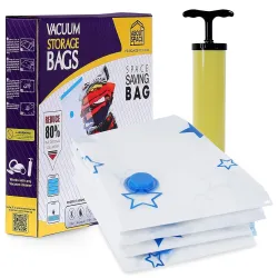 ABOUT SPACE Polyamide Polyethylene Vacuum Compression Bags (4 Pack) with Hand Pump | 2Jumbo/ 1Jumbo XL/1Jumbo XXL Zip Seal Bag| Heavy-Duty Airtight Reusable Space Saver Luggage Organizer (St...
