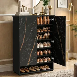 ABOUT SPACE Shoe Cabinet - 7 Tier Shoe Rack with Door & Open Bottom Storage|Press Open 2 Door Engineered Wood Shoes Stand for Home | Adjustable Shelf Raised Legs 18-21 Pair | Black & Black M...