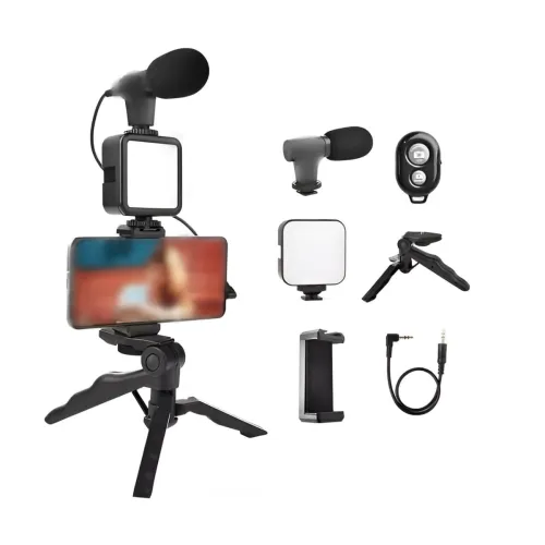 Image of ABTER Shotgun Microphone Vlogging Kit with Cardioid Condenser Mic, Fill Light, Tripod Stand and Mobile Holder | 3.5mm AU