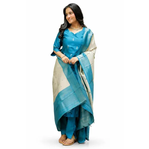 Image of ABTER Women’s Teal Blue Kurta Pant Dupatta Set with Woven Border and Printed Motifs, Sky Blue Rasmalai Suit