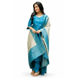 ABTER Women’s Teal Blue Kurta Pant Dupatta Set with Woven Border and Printed Motifs, Sky Blue Rasmalai Suit