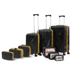ACEPACK - Brampton - Family Set of 9 Pcs - Set of 3 Suitcase (S+M+L) + 3 Pcs Vanity Cases (8\'+10\'+13\') + 3 Waterproof Organisers, PC Hard Shell with 360° Spinner Wheel, Number Lock, 3 Yea...