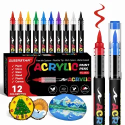 Acrylic Paint Markers Brush Tip, Vivid Colors with Direct-Liquid Ink System, Professional-Grade Paint Pen for Rock Painting, Canvas, Glass, Plastic, Fabric & Creative Crafts (12 Pieces)
