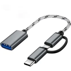 2 in 1 OTG Adapter Cable Micro USB + USB C to USB 3.0 Female Connector Cable, OTG Cable, Compatible Transmission & Charging, for All Supported Micro and Type C Device (Silver Matte)