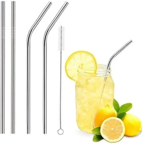 Image of ADD2CART Stainless Steel Drinking Straws, 21.6 cm Long, 6 mm Radius, Set of 4 with Cleaning Brush, Dishwasher Safe