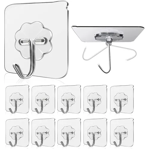 Image of 20 Pcs Adhesive Flower Wall Hooks Heavy Duty Transparent Wall Hooks - Self Adhesive Stainless Steel Hangers for Drilling