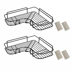 Adhesive Wall-Mounted Corner Shelf Rack - Rustproof Metal Kitchen & Bathroom Organizer for Spices, Toiletries, and Cleaning Supplies, No Drill Installation (Black)