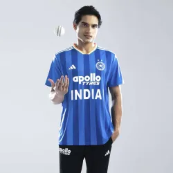 ADIDAS  India T20 International Cricket Fan Jersey Men Striped V Neck Polyester Blue T-Shirt