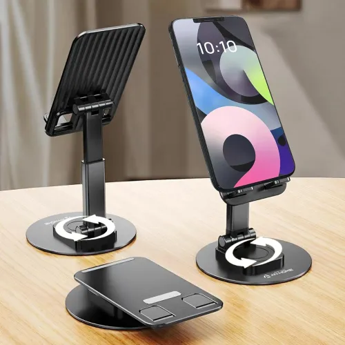 Image of Desktop Adjustable Foldable Mobile Phone Stand Dock Tabletop Mount, Aluminum Stand for Table & Bed Compatible with All S