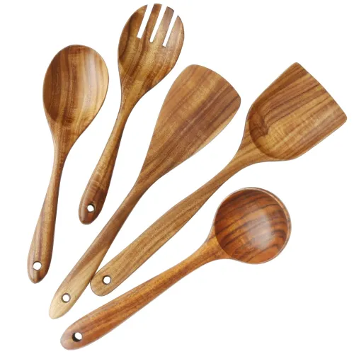 Image of ADLORYEA Handmade By Natural Teak Wood Spoons Cooking Utensils Set For Nonstick