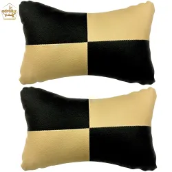 Adroitz Black Beige Check Car Pillow Cushion for Neck Comfort Compatible with All Cars, Faux Leather