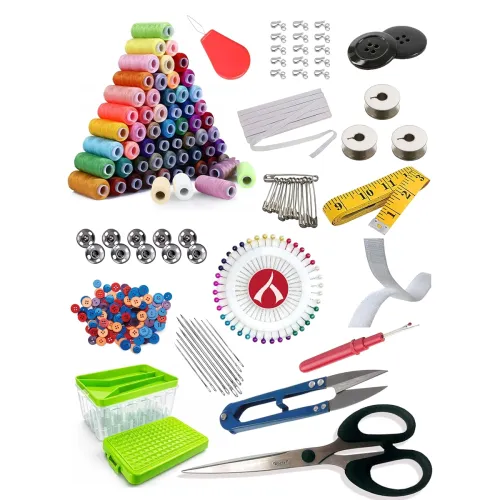 Image of Aezzo 144 Pcs. Double Layer Tailoring Sewing Kit Box with 24 Thread Spool,Needles,Measure Tape, Dress & Trouser Hook