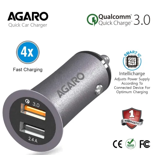 Image of AGARO Blaze Qualcomm Certified Dual Port Quick Car Charger 5.4A