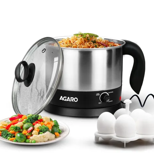 Image of AGARO Esteem Electric Multipurpose Kettle 1.2L, 600W, with Stainless Steel Body, Egg Rack, Grill Rack, 3 Heating Modes