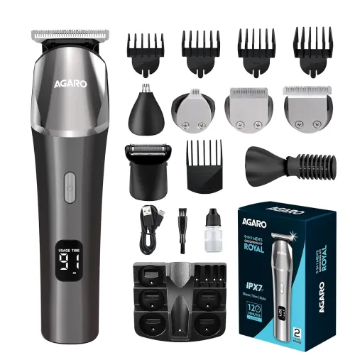 Image of AGARO Royal Multi Grooming Kit For Men, 9in1, Shave| Trim | Style, Face Head Body Trimmer, Self Sharpening Stainless Ste