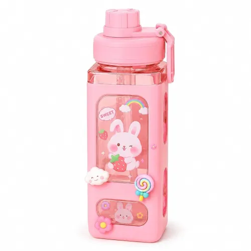Image of Aider Water Bottle With Straw & Sticker,Kawaii Bear Water Bottle,Large Sport Plastic Portable Square Drinking Bottle For
