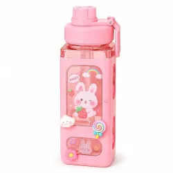 Aider Water Bottle With Straw & Sticker,Kawaii Bear Water Bottle,Large Sport Plastic Portable Square Drinking Bottle For