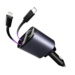 AILKIN 120W 4 in 1 Retractable Car Charger, Car Phone Charger,Retractable Cables & 2 USB Ports Car Adapter for Android P