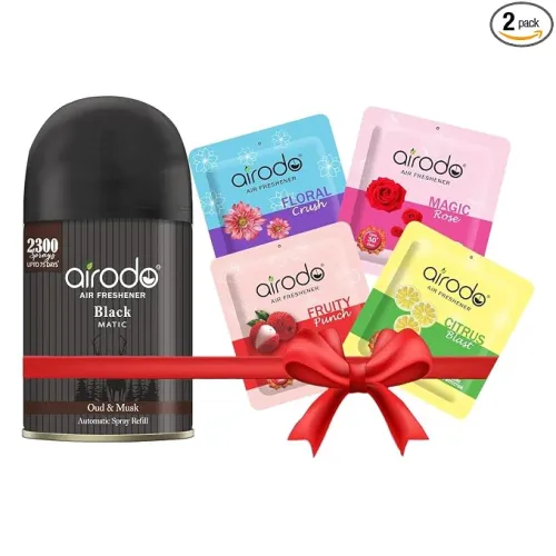 Image of Premium Airodo Automatic Air Freshener Automizer Refill (Oud & Musk 235ml) + Pocket Gel Mix - 40g (Assorted pack of 4 ne