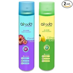 AIRODO Citrus Blast and Floral Crush Air Freshener Combo Pack with Dual Technology, Easy Push and Spray, Stain Removal, All in One Room Freshener for Home and Office (250ml, Pack of 2)