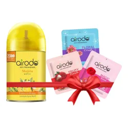 Airodo Automatic Air Freshener Automizer Refill (Lemon & Orange 235ml) + Pocket Gel Mix - 30g (Assorted Magic Rose, Fruity Punch, Floral)| For Home & Office | Long Lasting Fragrance
