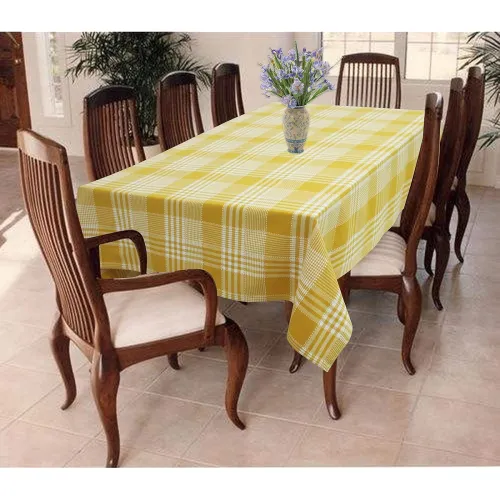 Image of AIRWILL 100% Cotton Checkered Pattern 8 Seater Rectangle Table Cover Sized, 56X95 Inches (Yellow,White, Pack of 1) - Rec