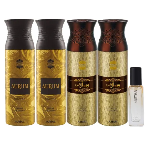 Image of Ajmal 2 Aurum & 2 Wisal Dhahab Deo each 200ML & Aretha EDP 20ML Pack of 5 (Total 820ML) for Men & Women