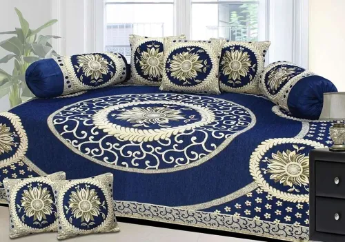 Image of AK Decor Velvet Abstract Diwan Set (Blue, Beige)