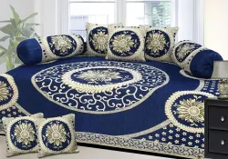 AK Decor Velvet Abstract Diwan Set (Blue, Beige)