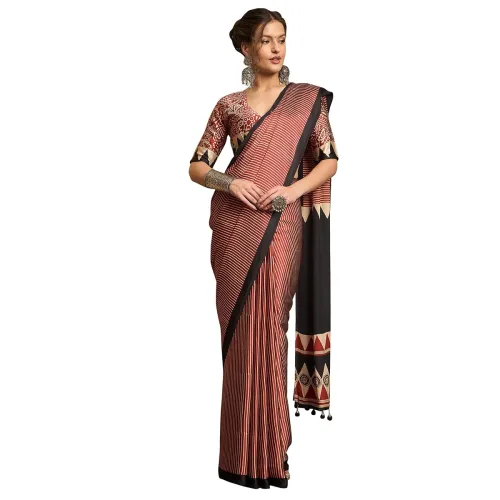 Image of AKHILAM Women's Pure Crepe Striped Printed Saree