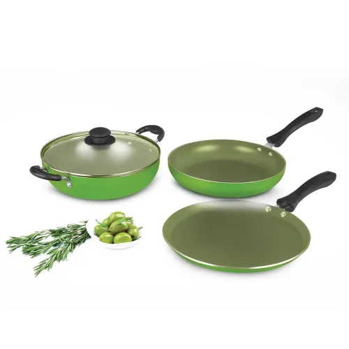 Image of Alda Non Stick Cookware Set of 4 (Wok with Lid, Fry Pan, Crepe Pan) - Olive 3mm Induction Friendly, 1 Year Warranty