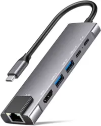 Aliens 6-in-1 Type-C Hub to HDMI 4K@30Hz, 2 USB 3.0 Data USB-C 3.0 Data, 100W PD with 1000M Ethernet RJ45, MultiPort Ada