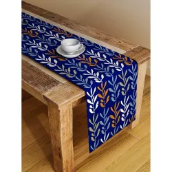 ALINA DECOR Poly Cotton Laefs Pattern HD Printed Washable Runner for Dining Table - 4 Seater, Royal Blue (13 x 49 Inch)