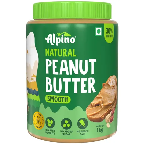 Image of ALPINO Natural Peanut Butter Smooth 1kg – Unsweetened, 100% Roasted Peanuts - 30% Protein, Source of Healthy Fats