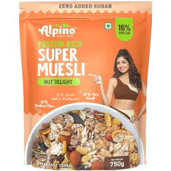 ALPINO 16g Protein-Rich Super Muesli Nut Delight 750g - 0 Added Sugar, 75% Whole Grains, 18% Fruits & Nuts - Source of D