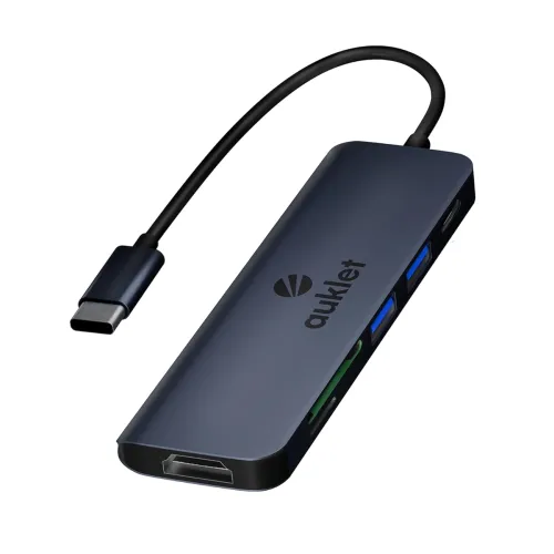 Image of USB C Hub Docking Station, 6-in-1 Aluminium USB C Hub, 4K HDMI@30HZ, 100 W Power Delivery, SD / TF Card Reader, Compatib