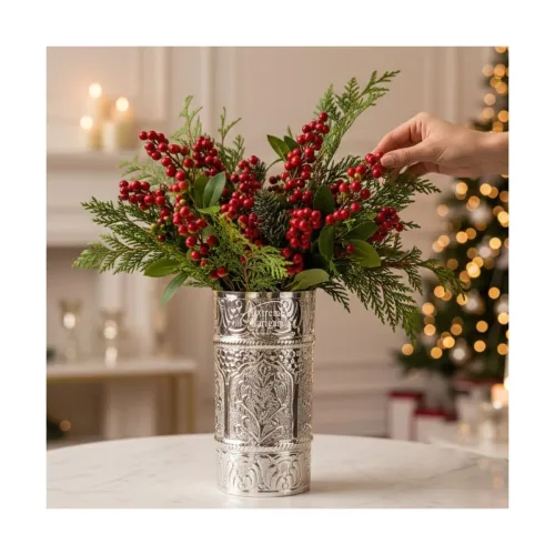 Image of Aluminum Cylindrical Embossed Flower Vase for Home Decor