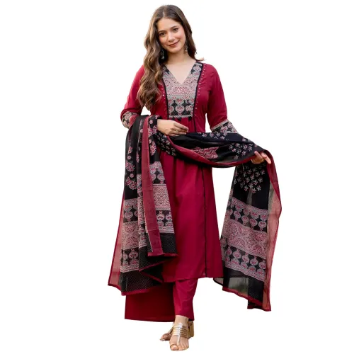 Image of Amayra Women's Pure Cotton A-Line Kurta Set with Palazzo Pants & Dupatta|Ethnic