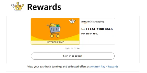 Image of Amazon ₹100 cashback on minimum 500 order.