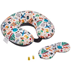 amazon basics 100% Memory Foam Travel Neck Pillow with Eye Mask and Ear Plugs Combo|Ergonomically Designed for Ultimate Comfort, Perfect for Air, Car, Train, Bus Travel-Happy Holidays, Stand...