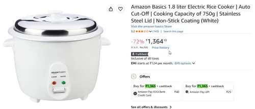 Image of Amazon Basics 1.8 liter Electric Rice Cooker | Auto Cut-Off