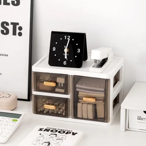 Image of Amazon Basics 2-Layer Desk Drawer Organiser | 23.5 × 17 × 15.4 cm | White | Plastic | 2 Layers with Drawers for Document