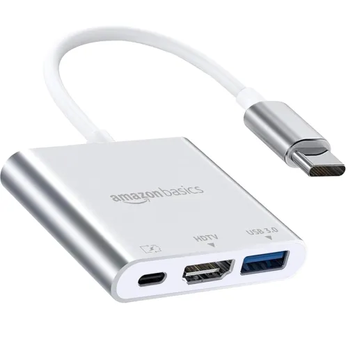 Image of Amazon Basics 3-in-1 USB Type C to HDMI Adapter 4K@30Hz, 100W PD Fast Charging Port, USB A 3.0 @5Gbps Speed, MultiPort H