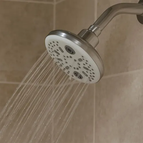 Image of Amazon Basics Shower Head for Bathroom | Round Multifunction 5-Spray Overhead Shower | Wall Mount Bathroom Shower with P