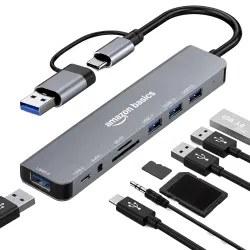 Amazon Basics 8-in-1 USB Hub with Dual Plug (USB-A & USB-C), USB 3.0