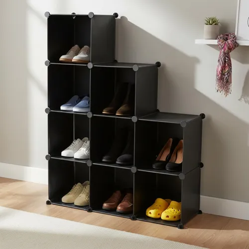 Image of amazon basics Cube Storage Organizer | 9-Cube | 95.5 × 32 × 126 cm | Black | PP + Iron | Stackable, Dustproof & Easy Ass