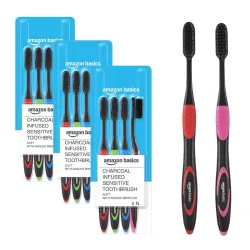 Amazon Basics Charcoal-Infused Sensitive Toothbrush for Adults, Multicolour | 12-Count (4 × 3 Packs) |