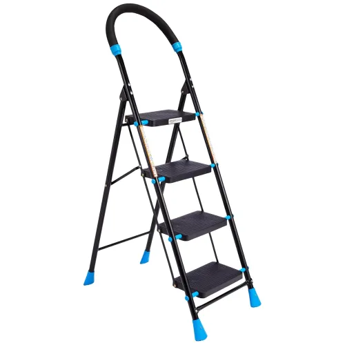 Image of Amazon Basics Curvo - Foldable Step Ladder, Ribbed Steps, Knee Guard, Non-Marring PVC Shoes, 4 Steps (Black & Blue)